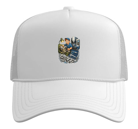 Cool Machinist CNC Vise Gauge Square Tools Hat For Men Gifts Trucker Cap features a printer graphic on white foam front.
