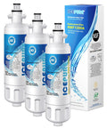 Replacement Refrigerator Water Filter 3 Pack No Brainer For LG LT700P 9690 And Kenmore Elite 46-9690 RWF1200A CLCH106 RWF1052 NSF Certified 42 And 372 Lead Free Clean Tasting Water At Home. Image shows three white tube filters with blue labels, alongside product packaging.