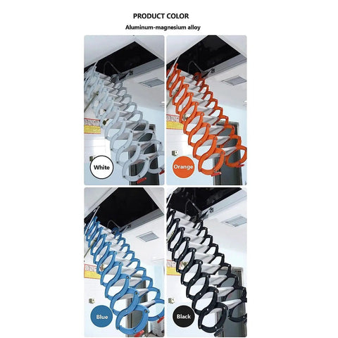 Smooth Operating Electric Attic Stair With Hassle Free Remote Control Telescopic Pull Down Loft Ladder featuring colors: white, orange, blue, black.