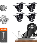 Set Of 4 Heavy Duty Polyurethane Castor Wheels 40mm with screws and washers for easy installation on wooden surfaces.