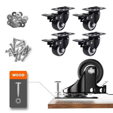 Set Of 4 Heavy Duty Polyurethane Castor Wheels 40mm with screws and washers for easy installation on wooden surfaces.