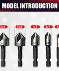 5 Piece Countersink Drill Bit Set With 82 Degree Counter Sink, Includes 1/4, 3/8, 1/2, 5/8, 3/4 Inch Bits In Aluminum Carry Case