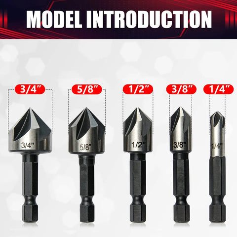 5 Piece Countersink Drill Bit Set With 82 Degree Counter Sink, Includes 1/4, 3/8, 1/2, 5/8, 3/4 Inch Bits In Aluminum Carry Case