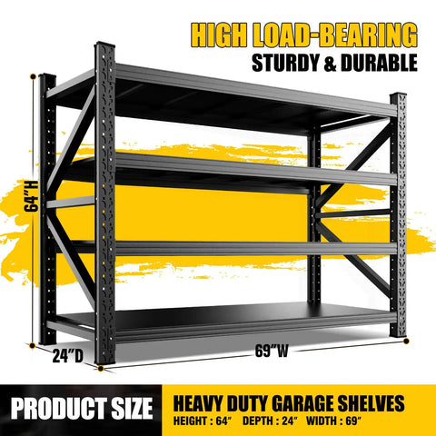 Beefy 5000 Lbs Capacity Heavy Duty Garage Shelving System With 4 Adjustable Tiers, Metal Storage Racks For Garage Basement Warehouse, 69 W x 24 D x 64 H Black, Sturdy And Versatile, 69W x 24D x 64H black steel rack