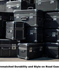 Heavy Duty Slick Texture Coating Water Based Pro Gear Roll And Spray Formula Beast Mode Speaker Cabinet Armor Black Five Gallon Size tough road cases stacked for touring.