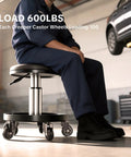 Six Pack 2.5 Inch Swivel Creeper Caster Wheels With Thread Stems on a rolling shop stool, designed for high load capacity.