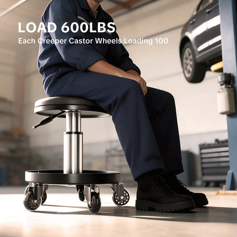 Six Pack 2.5 Inch Swivel Creeper Caster Wheels With Thread Stems on a rolling shop stool, designed for high load capacity.