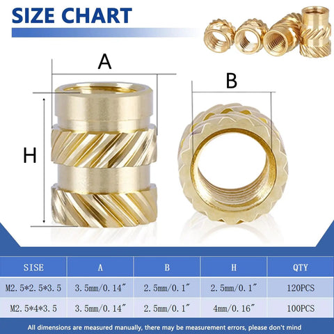 Bulk M2.5 Brass Threaded Inserts For Plastic Heat Set Kit For 3D Printing And Injection Molding Including M2.5x2.5x3.5 And M2.5x4x3.5 Sizes 220 Pieces Knurled Brass Press Nuts For DIY Friendly Strong Durable Joints with size chart