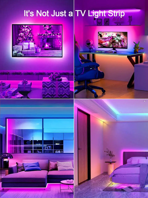 LED Backlight for 32 To 45 Inch TVs 9.84 Feet RGB Strip Lights With Remote Bluetooth App Control Music Sync USB Powered Ambience Lighting for Bedroom Gaming Room Home Theater Decor illuminating various rooms.