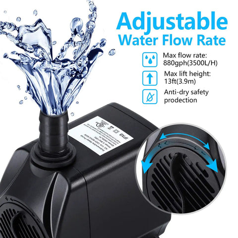 880GPH Submersible Fountain Pump With Six Point Five Foot Power Cord Ultra Quiet 60W showing water flow and features chart