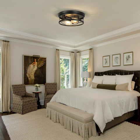 Black Industrial Round Flush Mount Ceiling Lights 2 Pack For Hallway Bedroom And Kitchen, installed in a modern bedroom