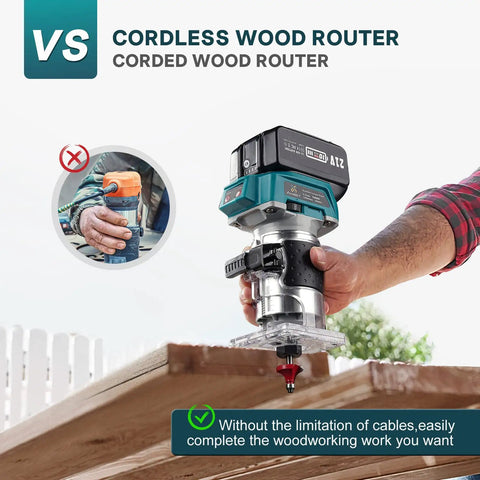 Cordless Twenty One Volt Brushless Palm Wood Router With Four Amp Hour Battery in use outdoors, emphasizing portability.