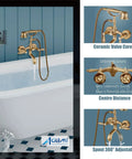 Antique Brass Wall Mount Bathtub Faucet With Tub Spout Filler Kit showing dual lever handles, telephone hand shower, and 360° spout.