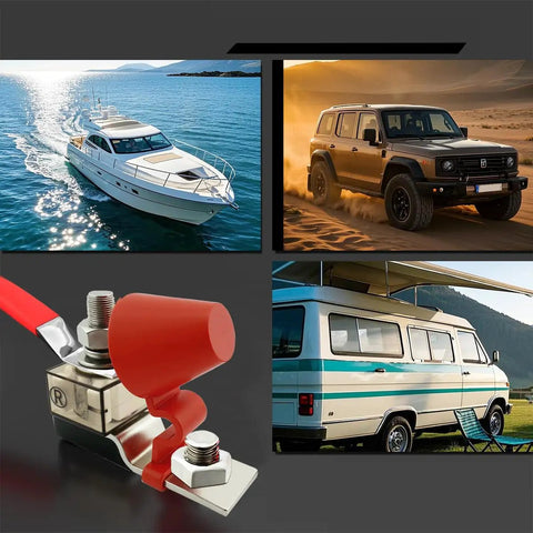 Heavy Duty 100 Amp IP66 Waterproof Fuse Block Kit With 5/16 Inch Stud Terminals For RV Car Boat Crane And Charging Stations Five Pack Durable Ceramic PPS Housing Delivers Reliable Battery Protection On The Move, close-up with RV, boat, and off-road vehicle