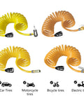 Heavy Duty Tire Inflation Hose Rock Solid Screw Lock Connector in yellow, coiled design for cars, motorcycles, and bicycles.