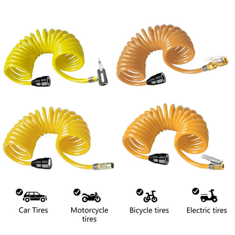 Heavy Duty Tire Inflation Hose Rock Solid Screw Lock Connector in yellow, coiled design for cars, motorcycles, and bicycles.