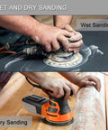 Person using 50 Pcs 5 Inch Hook And Loop Sanding Discs Set With 320 400 600 800 1000 Grit on a wet surface and wood with tools.