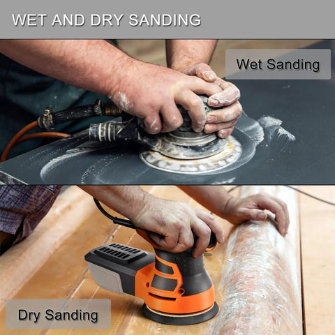 Person using 50 Pcs 5 Inch Hook And Loop Sanding Discs Set With 320 400 600 800 1000 Grit on a wet surface and wood with tools.