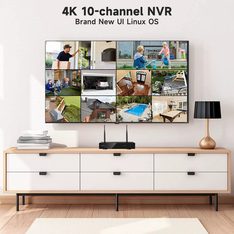 All In One 4K Wireless NVR DVR System setup on modern cabinet under TV displaying 10-channel surveillance images