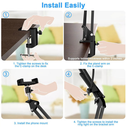 Instructions for installing the overhead camera mount with ring light 6 inch reach adjustable articulating arm clamp setup.