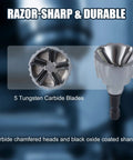 Boss Grade Tungsten Carbide Chamfer Tool Set with 5 carbide blades, razor-sharp and durable, side view of tool head.