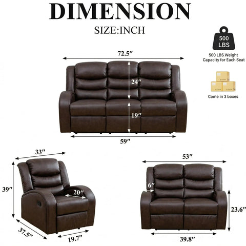 Comfy Leather Recliner Sofa Set 3 Piece Living Room Furniture Sectional With Manual Recliners Couch Family Room Home Theater Seating Brown Leather Loveseat Chair dimensions