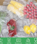 Bang For Your Buck Vacuum Sealer Bags Rolls 4 Pack with sealed vegetables, fruits, and meat in embossed BPA free bags