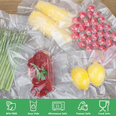 Bang For Your Buck Vacuum Sealer Bags Rolls 4 Pack with sealed vegetables, fruits, and meat in embossed BPA free bags