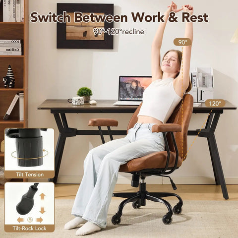 Ergonomic Home Office Desk Chair With Lumbar Support And Rubber Casters For All Day Comfort Smooth Glide Rolling Swivel Adjustable Height Executive Armrests Brown Leather in use.