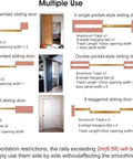Diagram showing multiple uses of Beefed Up Long Box Rail Sliding Door Hardware Kit With Heavy Duty Aluminum Track For Wall Or Ceiling Mount, 8 Wheel Hanger System For Quiet Smooth Roll, Fits 30 To 50 Mm Door, Supports Up To 220 Lb Per Panel, Black Finish, 10 Ft Length.