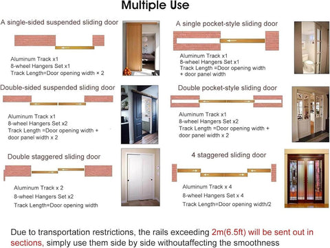 Diagram showing multiple uses of Beefed Up Long Box Rail Sliding Door Hardware Kit With Heavy Duty Aluminum Track For Wall Or Ceiling Mount, 8 Wheel Hanger System For Quiet Smooth Roll, Fits 30 To 50 Mm Door, Supports Up To 220 Lb Per Panel, Black Finish, 10 Ft Length.