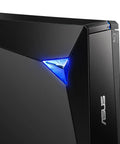 Powerful Blu-ray External Drive With 16x Write Speed, BDXL Support, And 128 GB Capacity, USB 3, Works With Mac And PC, Portable Optical Drive For Data Backup And Media Playback, 1 Year Warranty, black ASUS drive with blue LED detail
