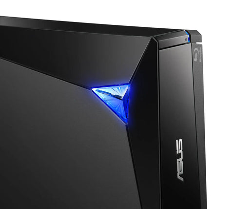 Powerful Blu-ray External Drive With 16x Write Speed, BDXL Support, And 128 GB Capacity, USB 3, Works With Mac And PC, Portable Optical Drive For Data Backup And Media Playback, 1 Year Warranty, black ASUS drive with blue LED detail