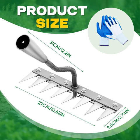 Beast 8 Teeth Garden Weeding Rake Heavy Duty Carbon Steel Weed Puller Tool with Gloves, dimensions shown