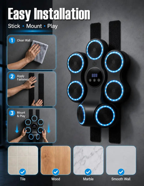 Installation steps for Wall Mounted Boxing Trainer With 3D Uppercut Targets showing cleaning and mounting process on different surfaces.