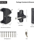 Heavy Duty Key Lockable Double Sided Gate Latch For Outdoor Fences includes latch components, screws, and two keys in black.