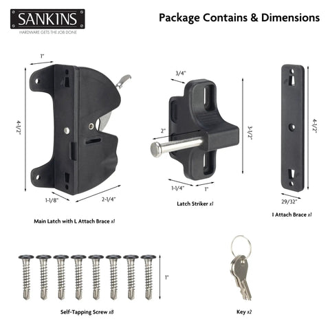 Heavy Duty Key Lockable Double Sided Gate Latch For Outdoor Fences includes latch components, screws, and two keys in black.