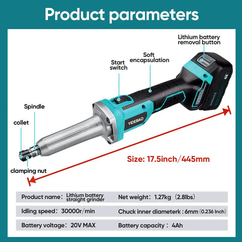 Beast Mode 20V Max Die Grinder Kit With Brushless Straight Grinder 4Ah Battery and Charger, dimensions and features listed