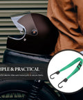 Elastic Helmet Belt Bungee Cord For Motorcycles And Bikes With Seriously Strong Hold Nylon And Rubber Lashing Strap displayed with helmet.