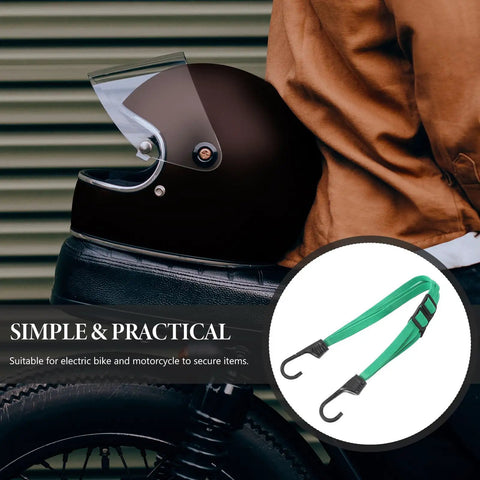 Elastic Helmet Belt Bungee Cord For Motorcycles And Bikes With Seriously Strong Hold Nylon And Rubber Lashing Strap displayed with helmet.