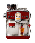Game Changer Espresso Machine With Built In Grinder And Quick Dairy Frother For Easy Hot To Iced Drinks, red design, iced coffee in glass.