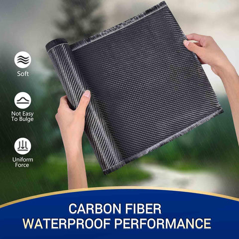 Hands holding Five Foot Carbon Fiber Cloth Roll 12 Inch Wide 3K 220G 2x2 Twill Weave, showcasing waterproof performance