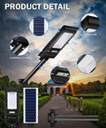 Product details of 2 Pack 800W Solar Street Lights Outdoor With 60000LM Motion Sensor LED Flood Lights, components highlighted.