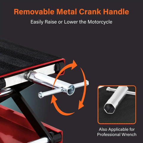 Close-up of metal crank handle on Beefy 1100 Lb Wide Deck Motorcycle Center Scissor Lift Jack Repair Hoist Stand in red steel