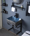 Wall-Mounted Ceramic Bathroom Sink - Rectangular U-Shape Vessel Sink with Faucet, Black Metal Rack in Stylish Bathroom