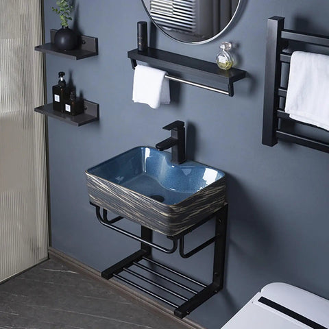 Wall-Mounted Ceramic Bathroom Sink - Rectangular U-Shape Vessel Sink with Faucet, Black Metal Rack in Stylish Bathroom