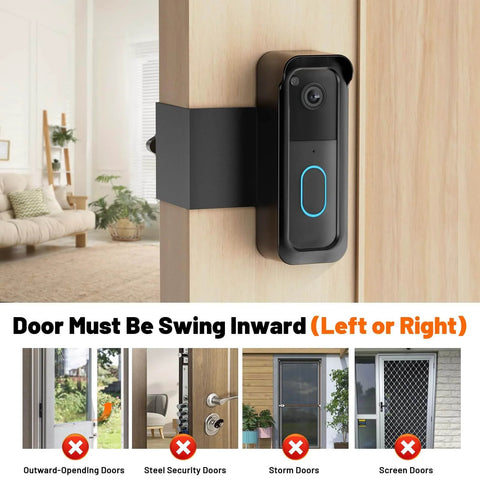 Anti Theft Doorbell Mount For Video Doorbell Gen 1 And Gen 2 No Drill With Rain Cover Keeps Your Camera Safe From Thieves Easy Clip On Install No Blocked Sensor Or Night Vision Weatherproof Shield For Outdoor Use shown on inward-opening door