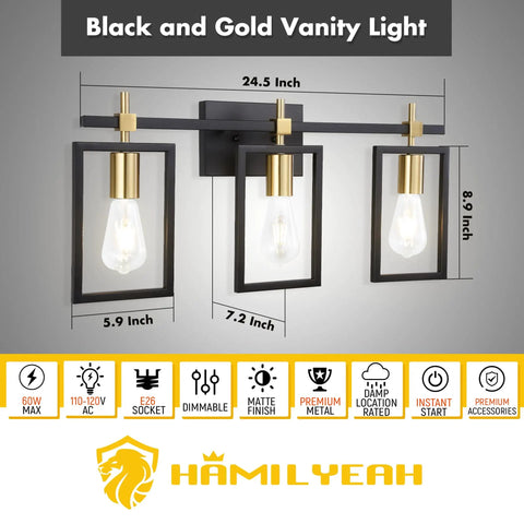 Industrial 3 Light Vanity Fixture In Black And Brass Gold With Rectangular Backplate Rustic Modern Farmhouse Bath Lighting Over Mirror For Bathrooms Restrooms Kitchens Living Rooms And More