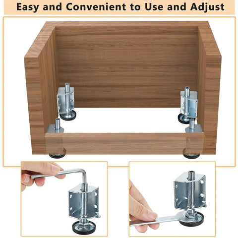 Heavy Duty Corner Leveling Feet For Uneven Floors Adjustable Furniture Levelers With Left And Right Brackets installed on wood box