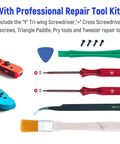 Ultimate 18 In 1 Joy Con Repair Kit For Nintendo Switch Not For Switch 2 with screwdrivers, tools, and parts displayed.